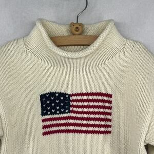 CLAVER Sweater Youth 5 Intarsia US Flag Stars Stripes Roll Neck Cotton Off White